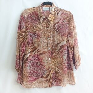 Alfred Dunner Pink & Brown Semi Sheer Button-up Shirt w Attached Cami Size 14p